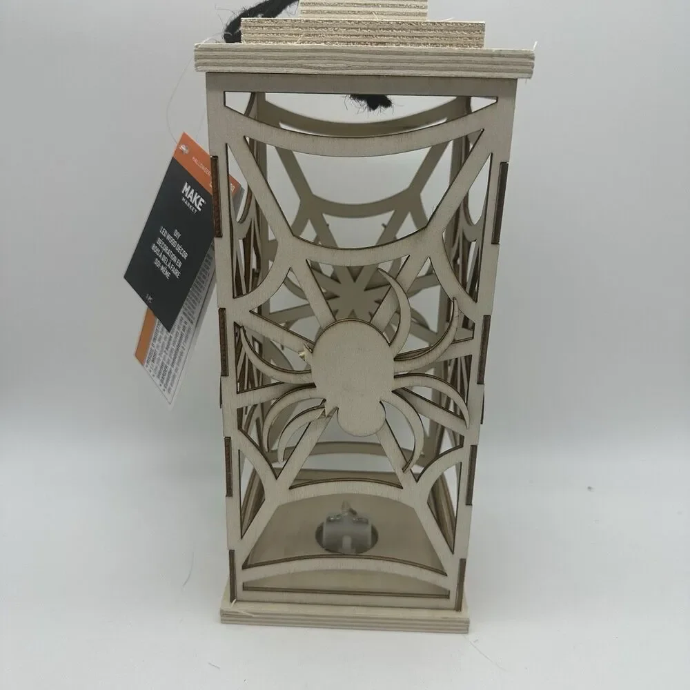 2PC Halloween Wooden Spider Lantern LED Light Up Centerpiece Decoration